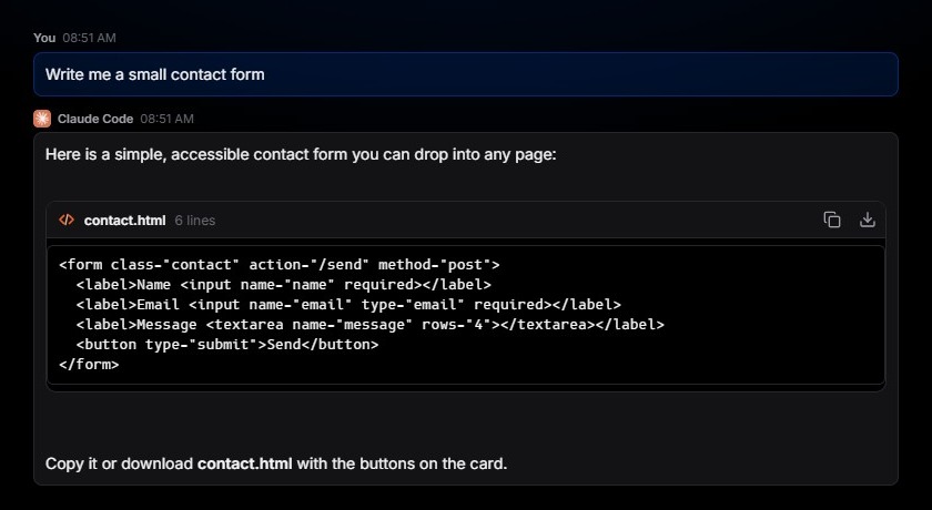 Breeze Box chat where Claude Code replied with a contact.html artifact card that has copy and download buttons