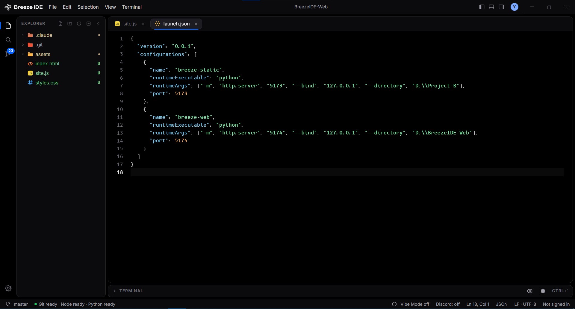 Breeze IDE with the BreezeIDE-Web project open: the explorer, launch.json in the editor, and the status bar showing Git, Node and Python ready