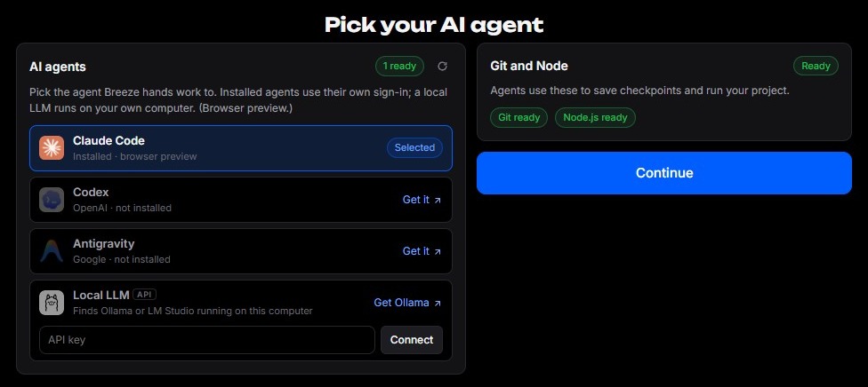 Breeze setup listing Claude Code as selected, Codex and Antigravity to install, and a Local LLM option with an API key field