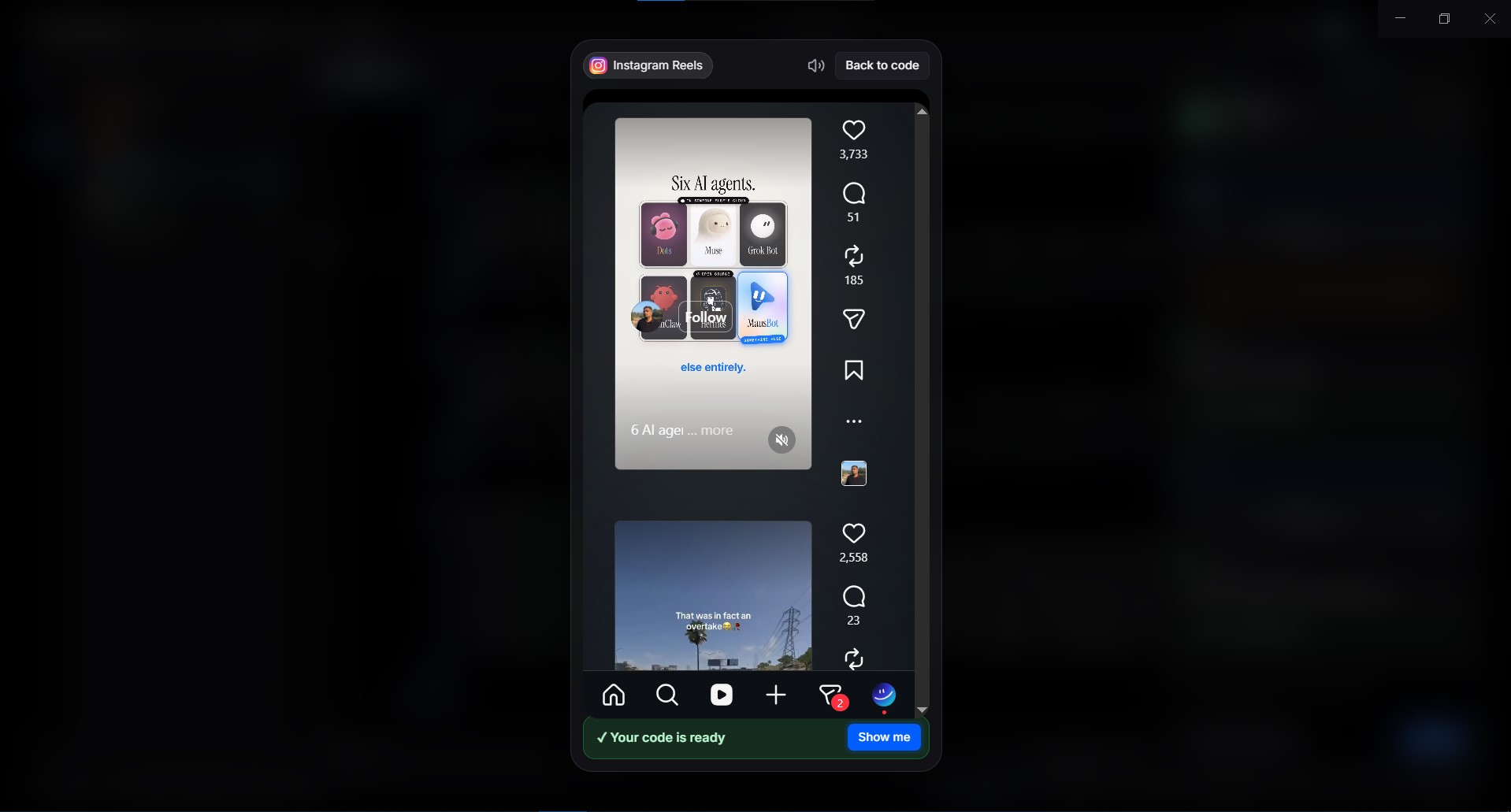 Vibe Mode showing a YouTube Shorts feed panel over the blurred IDE with a Your code is ready card